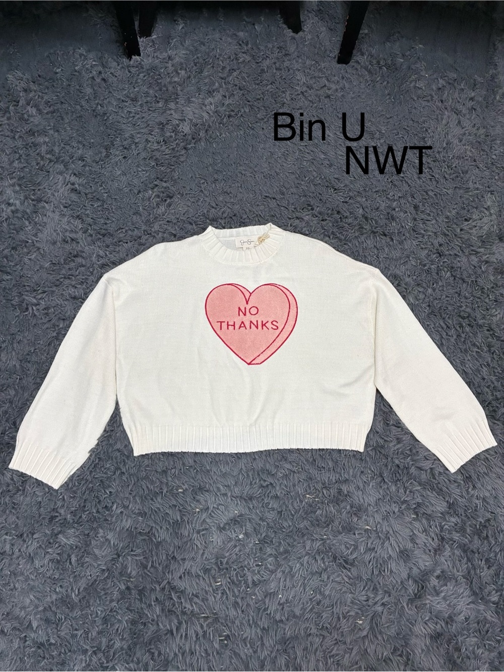 Jessica Simpson White Sweater with Pink Heart "No Thanks"